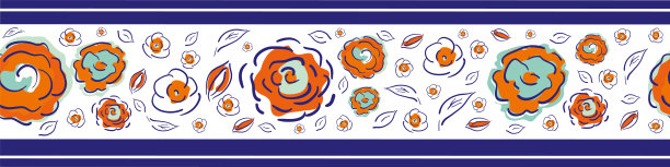 牡丹花与叶矢量无缝边界。条幅上有散落的草堂花和树叶。线艺术园林花屋芯美学用于织带，装饰，镶边图片下载