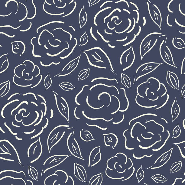 平房花园花朵无缝矢量图案背景。蓝白线艺术农家风格。手绘乡村花卉植物轮廓背景。cottagcore美学纹理全印。图片下载