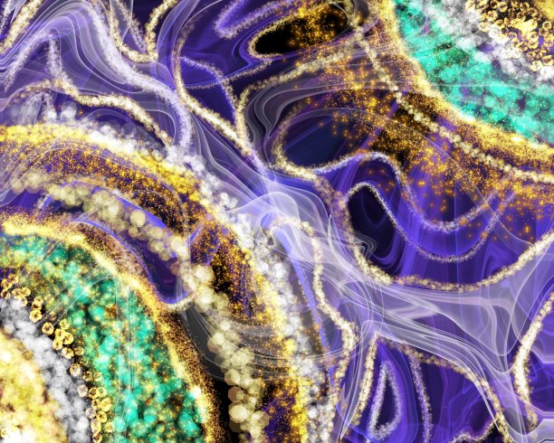 抽象的纹理与金色的线条和酒精墨水的绿色和蓝色的颜色在黑暗的背景图片下载