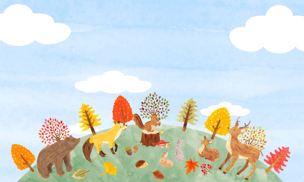 可爱的动物聚集在秋天的森林插图，手绘水彩图片下载