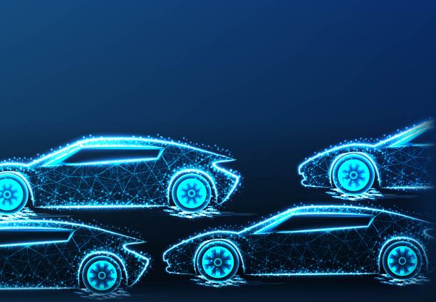 跑车形成线条和三角形，点连接网络上的蓝色背景。矢量图图片下载