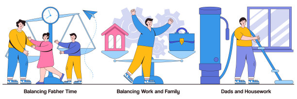 平衡父亲的时间，工作和家庭，爸爸的家务与人字符插图包图片下载