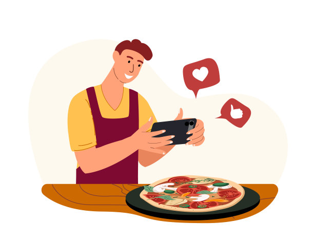 食品博客的概念。男性博主人物与智能手机拍照准备意大利菜奶酪披萨的视频博客。美食猎人评论，美食频道，视频博客流媒体。人矢量图图片下载