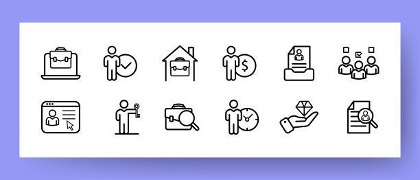 工作集图标。公文包、笔记本电脑、工资、简历、钥匙、时间、小组作业等。招聘条件概念。矢量线图标的业务和广告图片下载