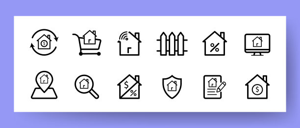 住房设置图标。销售，购买，租房，围栏，保护，报警，设施，wi-fi，智能家居，折扣等。矢量线图标的业务和广告图片下载