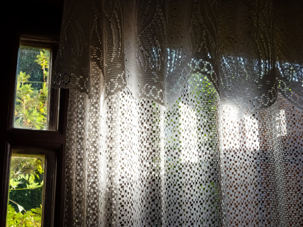 阳光透过白色蕾丝窗帘进入房间图片下载