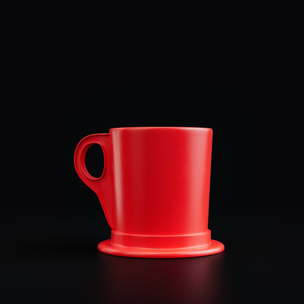 单一的咖啡杯。红色塑料材质闪亮的咖啡杯在黑色背景，3d渲染图片下载