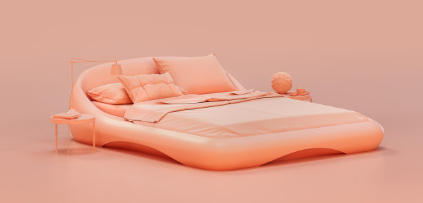 单色卧室，带有双人床和侧桌，单色室内平面风格，3d渲染图片下载