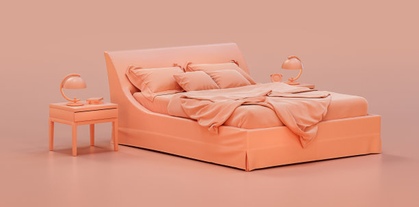 单色卧室，带有双人床和侧桌，单色室内平面风格，3d渲染图片下载