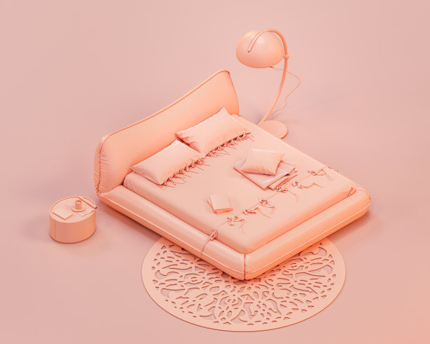 等距单色卧室，有一张双人床，侧桌单色室内3d渲染图片下载