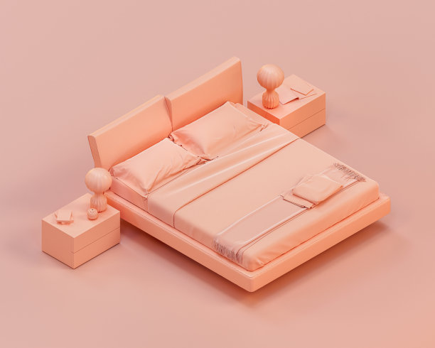 等距单色卧室，有一张双人床，侧桌单色室内3d渲染图片下载