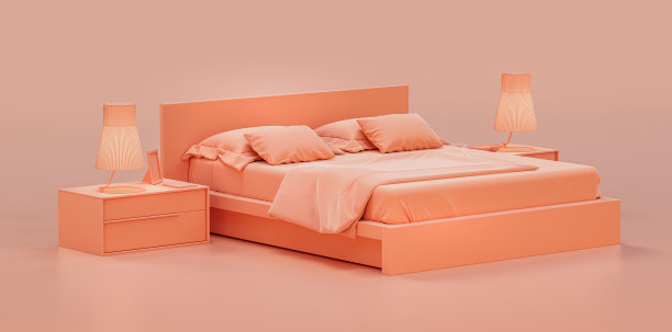 单色卧室，带有双人床和侧桌，单色室内平面风格，3d渲染图片下载