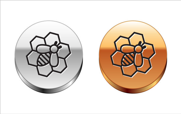 黑色线条的蜜蜂和蜂窝图标隔离上图片下载