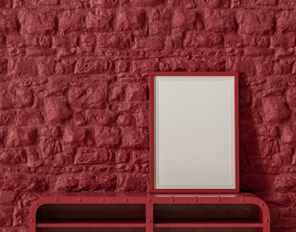 矩形的海报框架，红色单色内饰房间，3D效果图图片下载