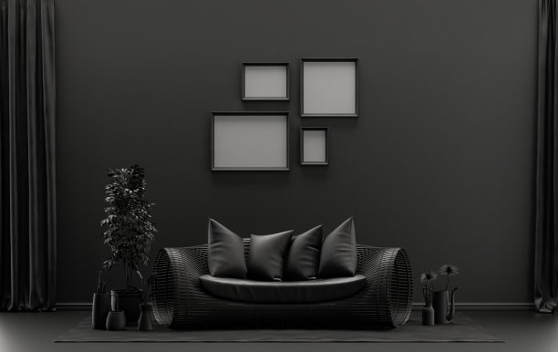 单色单色暗色室内房间和植物与4海报框架图片下载