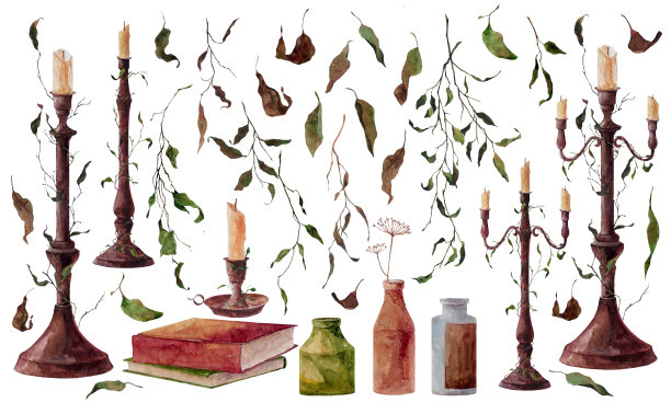 手绘水彩插图设置不同的烛台，瓶子，树枝和干树叶。图片下载