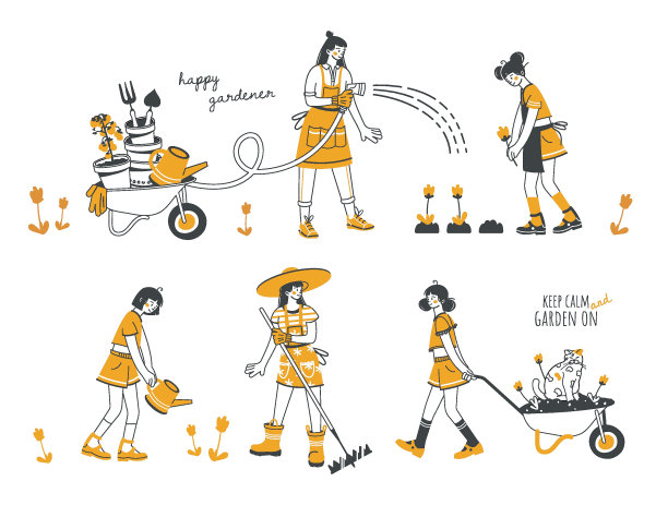 人们在花园或农场工作的一套插图。年轻女性照顾植物和蔬菜。手绘卡通风格。园艺的概念。向量图片下载