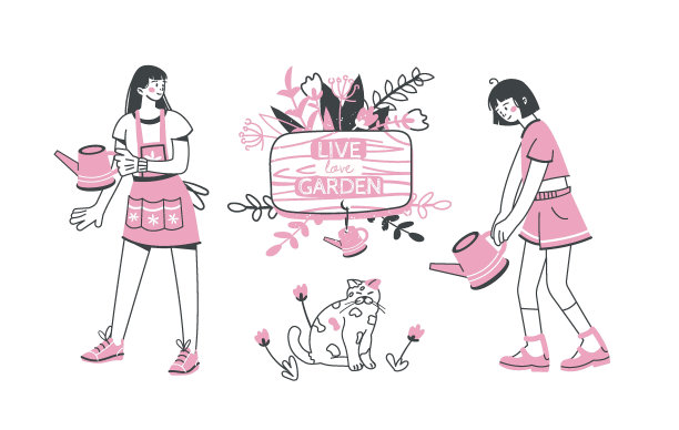 人们在花园或农场工作的一套插图。年轻女性照顾植物和蔬菜。手绘卡通风格。园艺的概念。向量图片下载