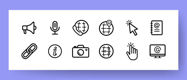 按钮为网站设置图标。按钮分享，记录头，呼叫，联系，信息，帮助，附加文件，拍照。象形图的概念。矢量线图标的业务和广告图片下载