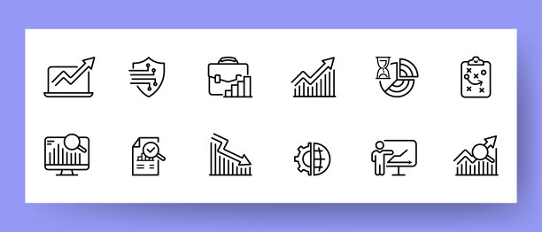 数据分析集图标。收入、职业、图表、投资组合、分析师、衰退、损失等。经营理念。矢量线图标的业务和广告图片下载