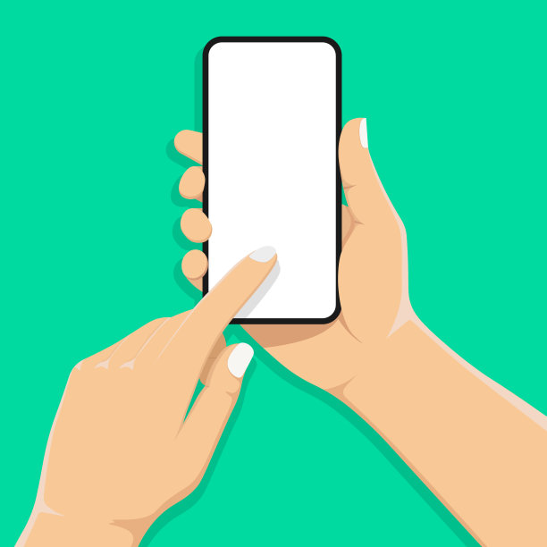 手机在男人的手中。手拥有智能手机。空白屏幕。触摸手指。现代平面设计。矢量插图与阴影。图片下载
