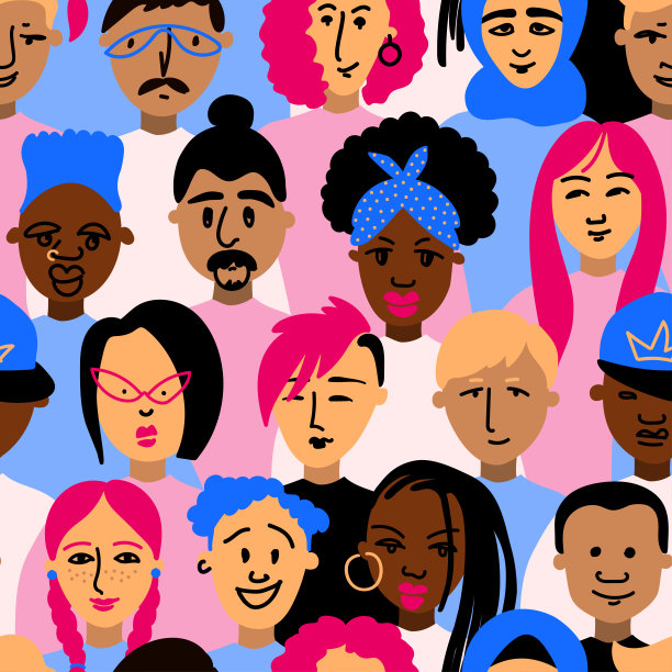 无缝图案与年轻和年长的男女不同的肤色。不同国籍的概念。图片下载