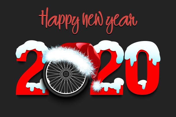 下雪的新年数字2020和自行车车轮图片下载