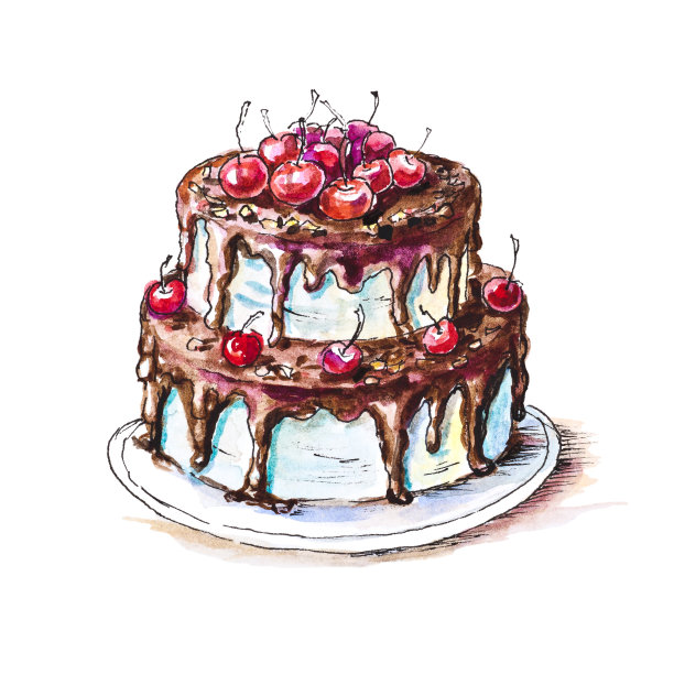 水彩画:樱桃蛋糕孤立在白色背景图片下载
