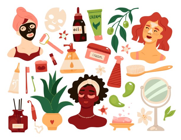 家庭spa。女性护肤程序。美丽的女孩与面部护理产品。肥皂和保湿霜。女性化妆品。面具和补丁。芦荟植物。向量组美容图片下载