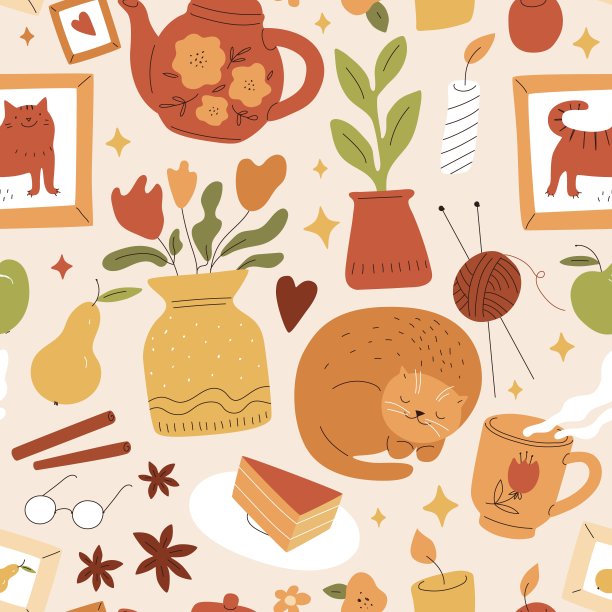 舒适的无缝模式。可爱的印有家居用品。平静和积极的情绪。带着植物和茶会用品的睡猫。北欧舒适的气氛。向量的背景图片下载