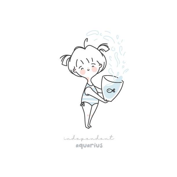 水瓶座星座插图。占星术的星相符号为孩子的性格。线条艺术可爱卡在粉彩的颜色。手绘矢量设计卡通风格图片下载