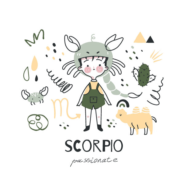 星座天蝎座的插图。占星术的星相符号为孩子的性格。彩色卡片与图形元素的设计。手绘矢量卡通风格与字母图片下载
