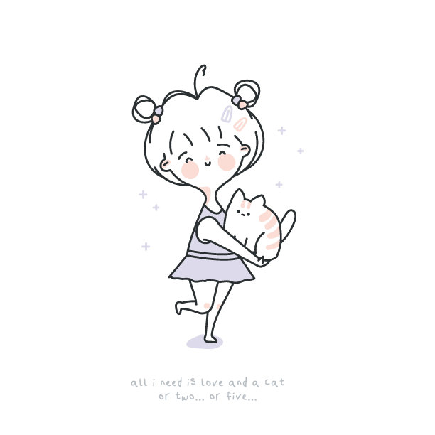 可爱的女孩和一只猫。卡通风格的优雅极简插画。线的艺术。有趣的女孩打印纺织品，卡片，海报。向量图片下载
