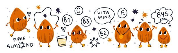 可爱的杏仁。有趣的螺母的性格。健康的营养。运动的生活方式。运动和维生素。自然的超级食品零食。营养和热量。矢量卡通健身吉祥物动作集图片下载