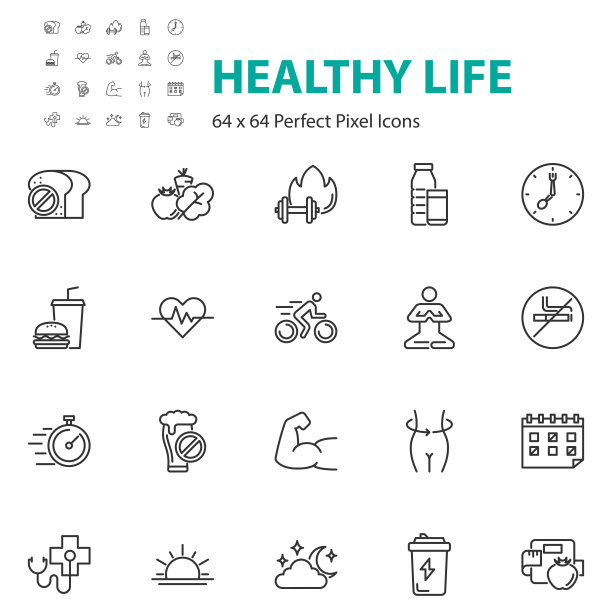 集健康生活线条图标，饮食、营养、健身、健身图片下载