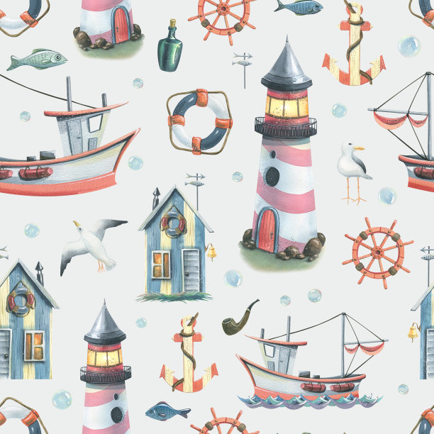 海洋主题的水彩插图，有灯塔、房子、船、方向盘、救生圈、锚和海鸥。适用于设计、面料、纺织品、服装、印刷品、墙纸、纸张。图片下载