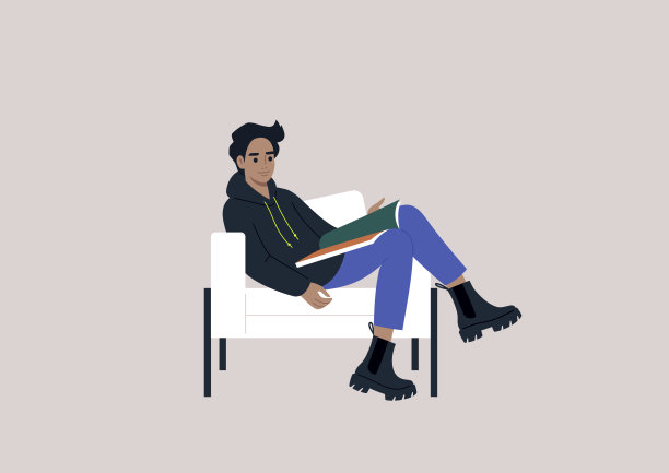 一个年轻的男性角色在一张设计师椅子上翻看杂志图片下载