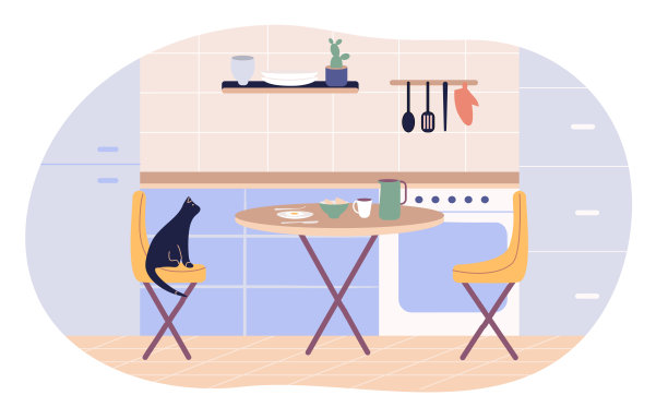 厨房里，早餐在桌子上，一只猫坐在椅子上。日常工作图片下载