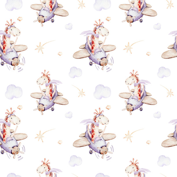 水彩紫色插图的一个可爱的动物狩猎长颈鹿和幻想的天空场景完成飞机和气球，云。婴儿男孩和女孩模式。婴儿洗澡图片下载