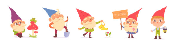 可爱的花园地精集童话小雕像站在水壶和铲子图片下载