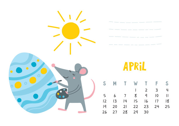 四月日历页用可爱的老鼠装饰复活节图片下载