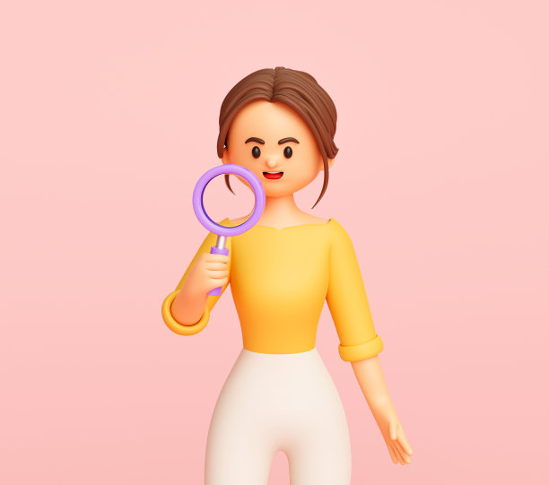 年轻的女商人手持放大镜卡通人物在粉红色背景3d插图渲染图片下载