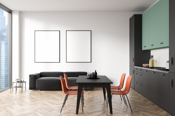 明亮的厨房内部设置了椅子、桌子、沙发和模型框架图片下载