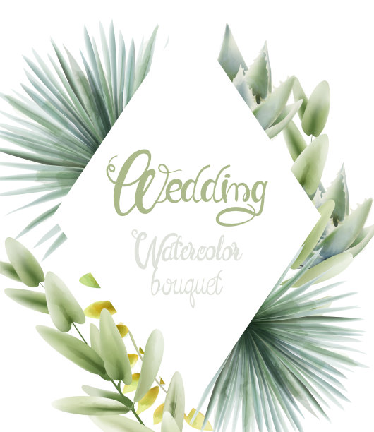 婚礼水彩花束与棕榈叶图片下载