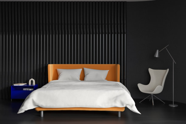 黑色卧室内部有床，座位和装饰。本空间图片下载