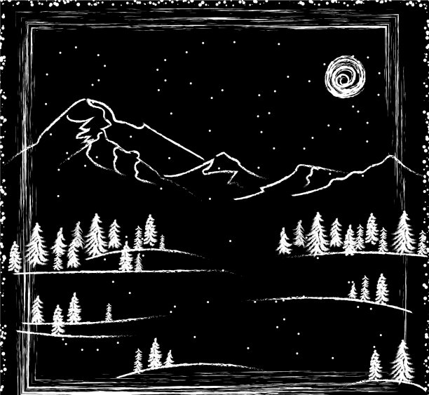 一幅粉笔画是冬天的森林和山脉图片下载