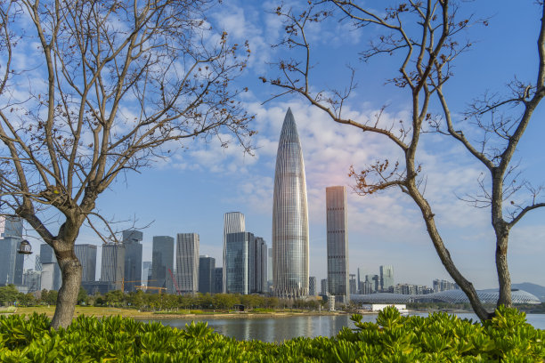 公园在中国深圳市，美丽的绿色树木结合建筑，现代建筑，完全蓝色的天空。图片下载