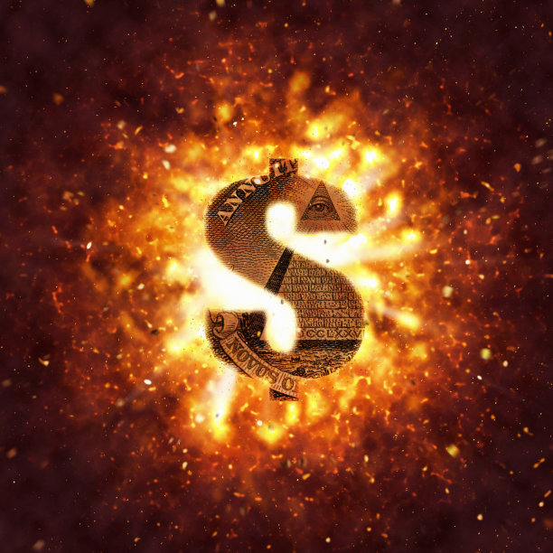 美元纸币上的美元符号被剪掉，出现戏剧性的爆炸图片下载