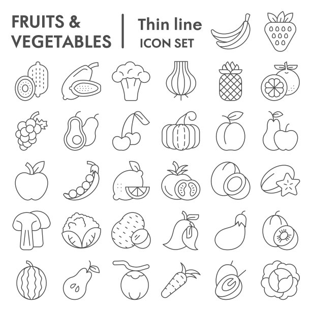 水果和蔬菜细线图标集农场图片下载
