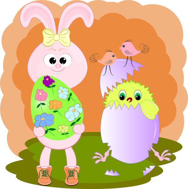 可爱的卡通鸡和兔子与复活节图片下载